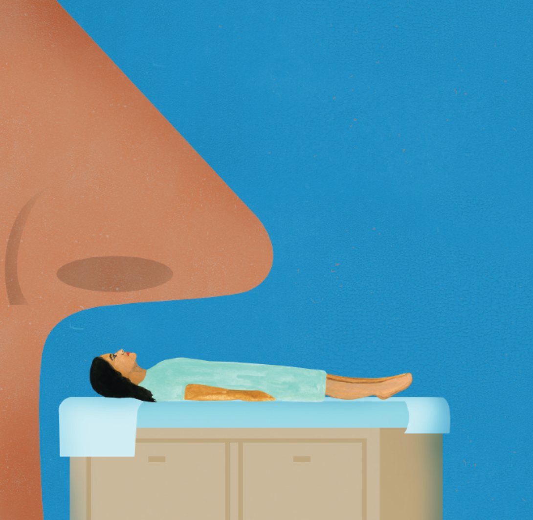 Illustration of a giant nose hovering over a patient lying down on an exam table