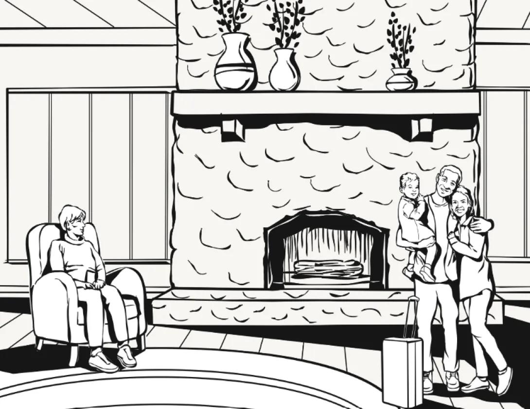 Black and white illustration of a fireplace. To the left, sits a person in an easy chair. To the right, a family smiles next to a suitcase.