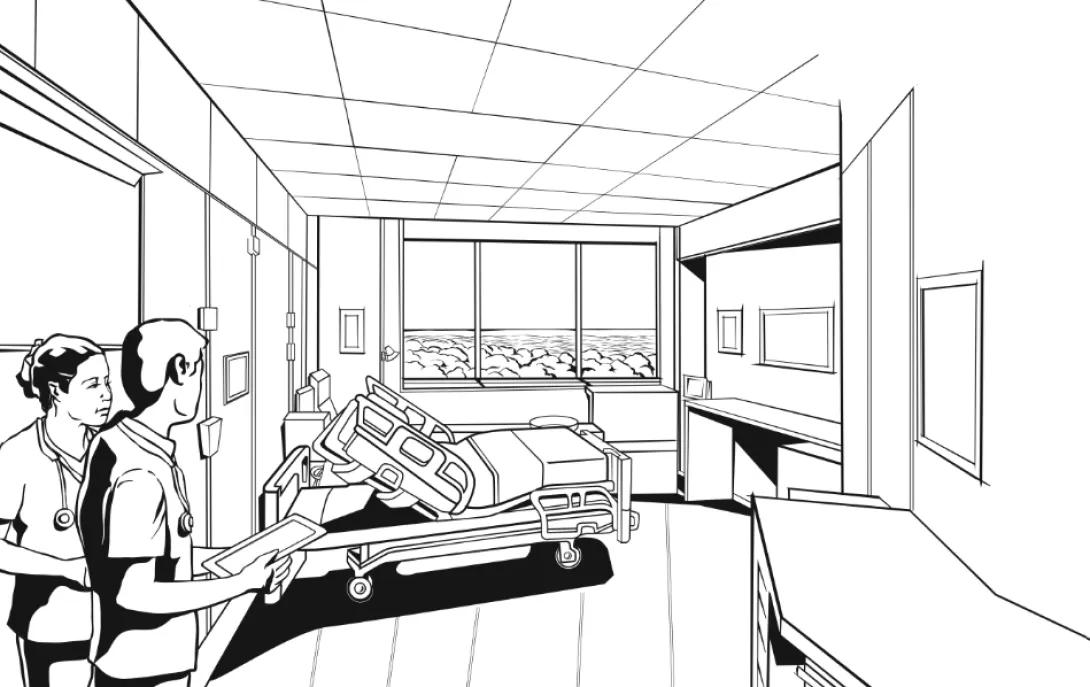 Illustration of a hospital room with a large window overlooking trees. Two health care workers stand in the foreground.