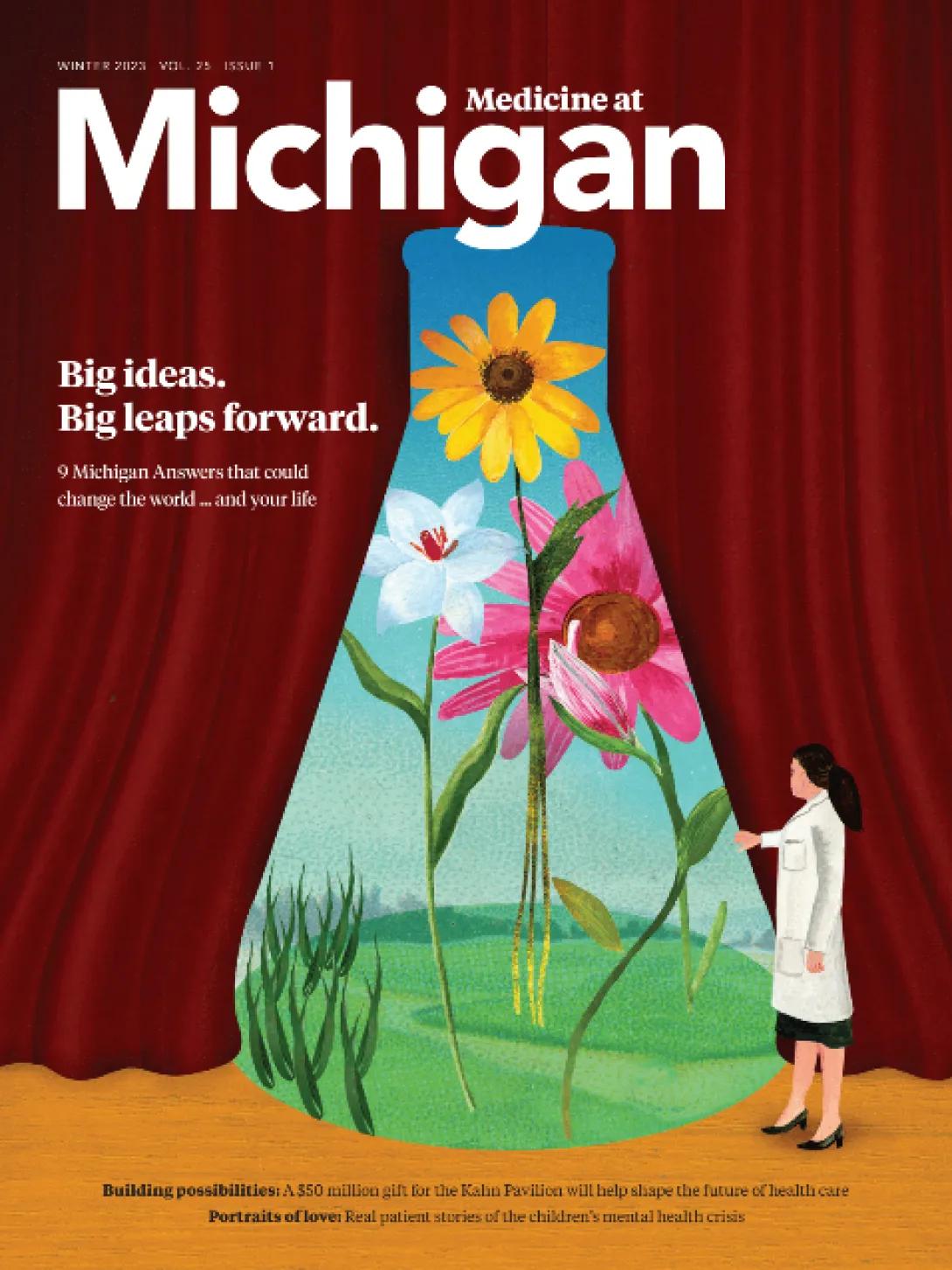 Magazine cover of the winter issue of Medicine at Michigan magazine featuring an illustration of a beaker with grass and flowers on stage.