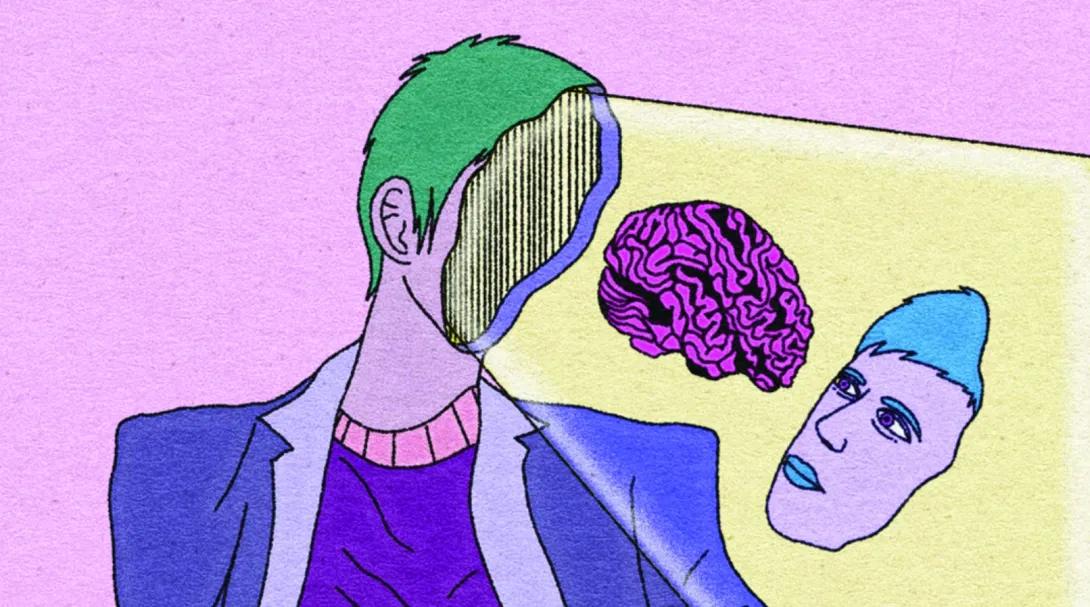 Fantastical illustration of dissociation depicted as a person whose face is detached and looking back at its own head. In between the face and the empty head cavity is a brain. Vibrant purples and blues and simplistic lines give the illustration an uplifting quality.