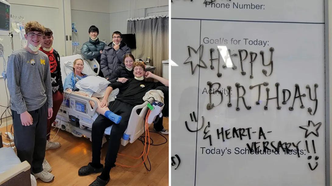 kids all surrounding moms hospital bed and white board says happy birthday