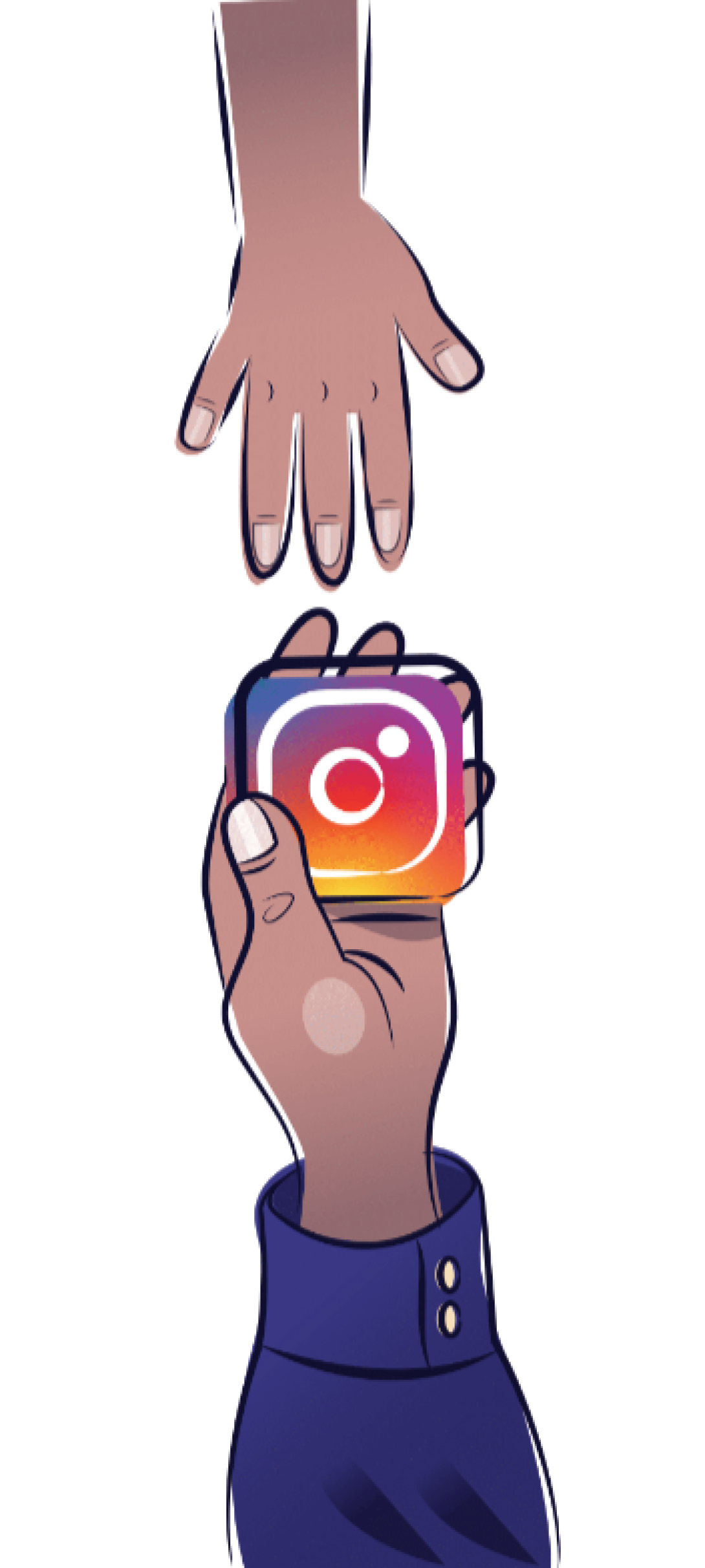 Cartoon-like illustration of an adult hand holding a social media app logo out to a child's hand