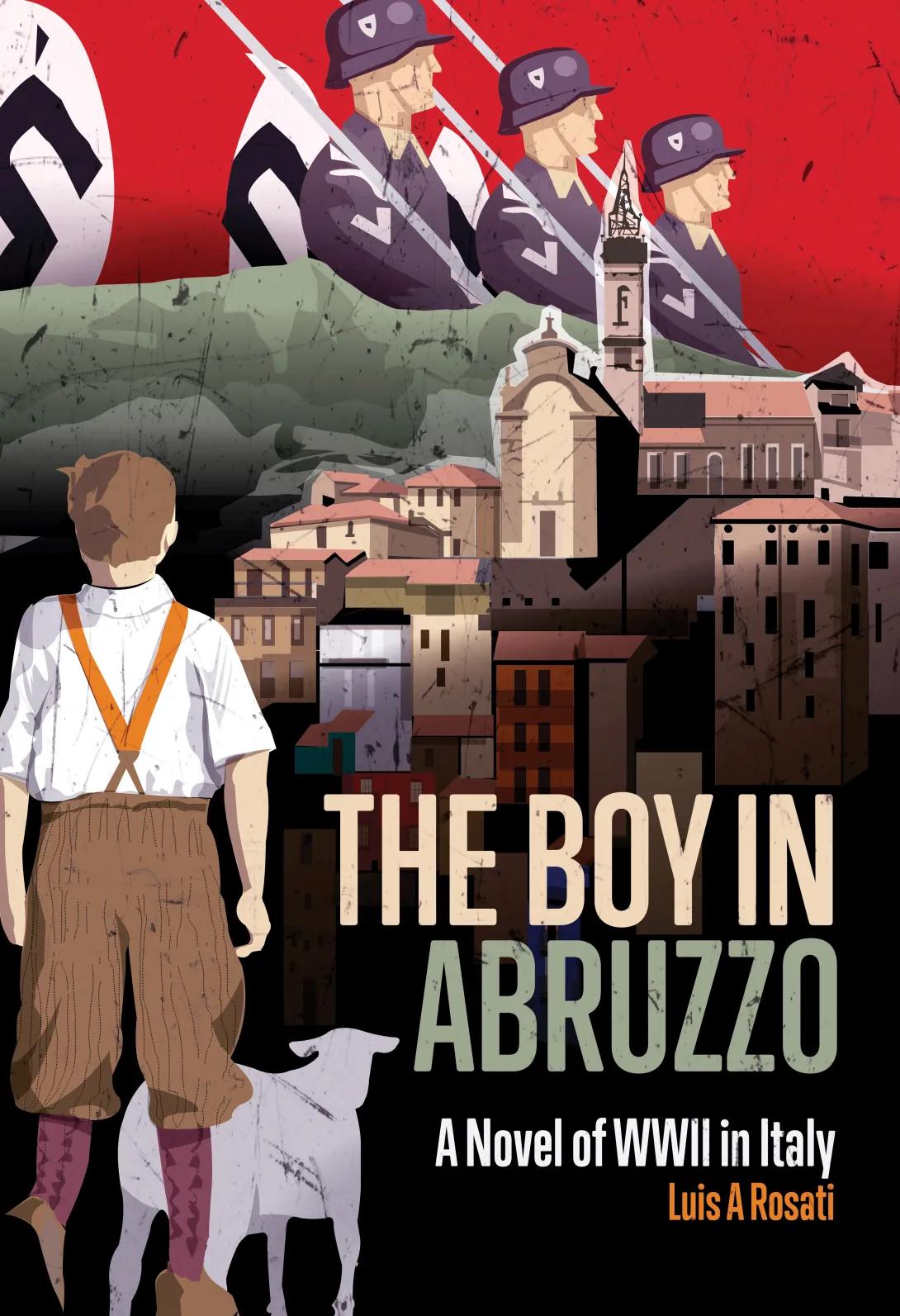 Book cover collage showing a boy and animal looking out at a city. Above that that is Nazi soldiers marching with flags.