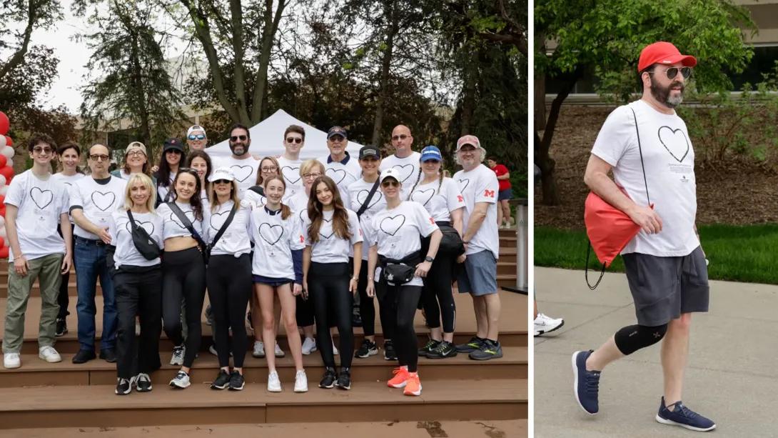 group standing together with tshirts and man walking with cap on right by himself