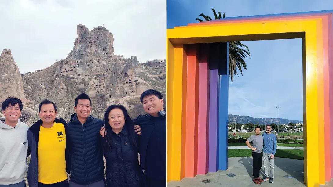 Two photos side by side. One photo is a family of five people standing in front of hoodoos of Cappadocia in Turkey. The second photo is of two people standing under a brightly colored square archway.