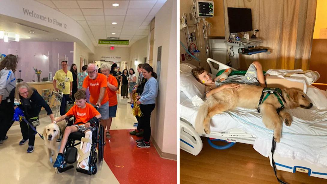 son being wheeled out in clap out ceremony and dog in picture on hospital bed 