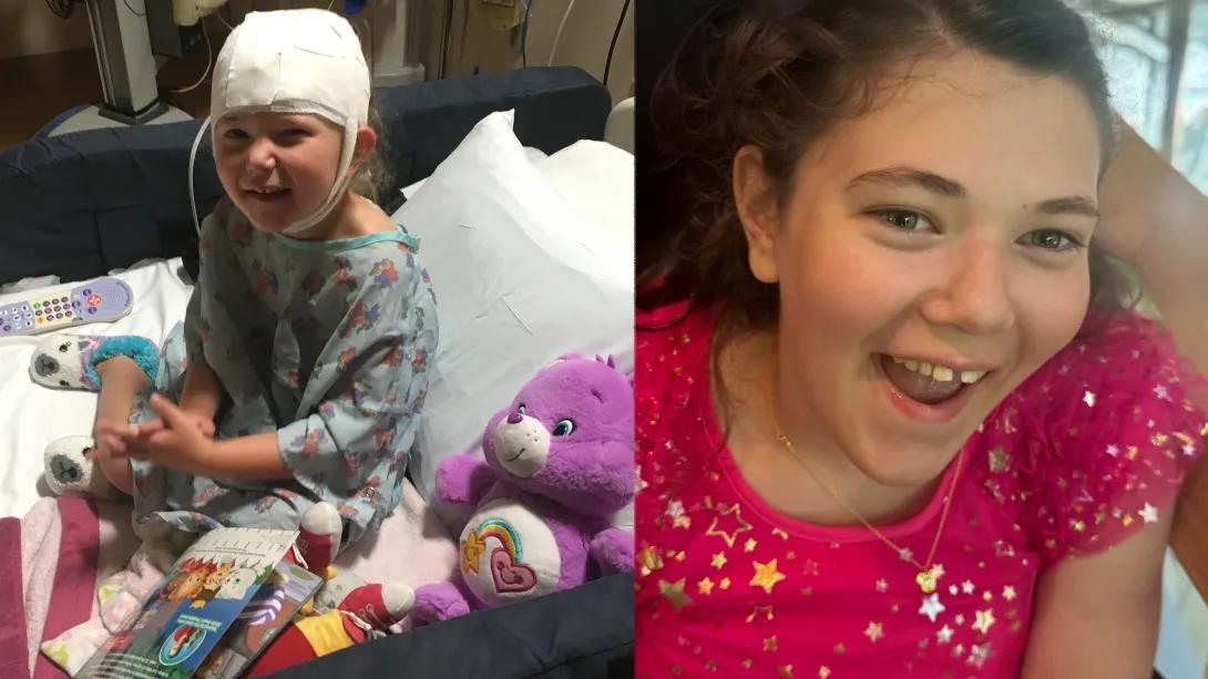 side by side photo of, on right, girl in hospital bed younger and on right in pink shirt smiling 