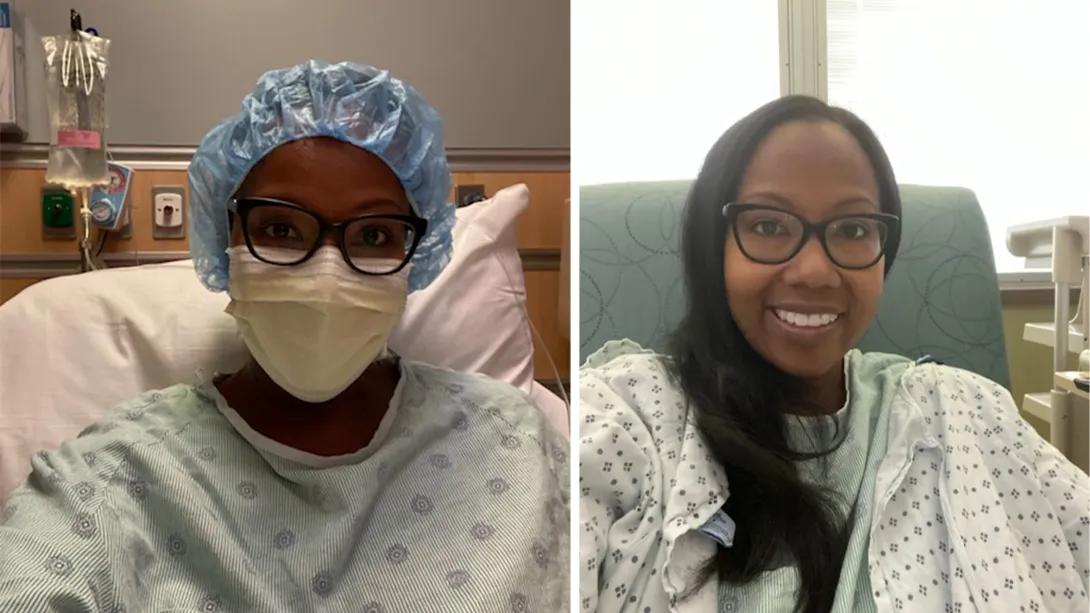 inpatient photos of the same patient with mask and hair cover and then no mask or hair cover smiling