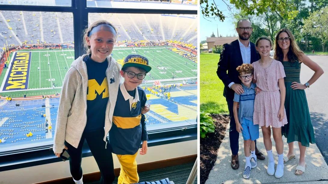 sister standing with brother in front of Michigan stadium and family standing together