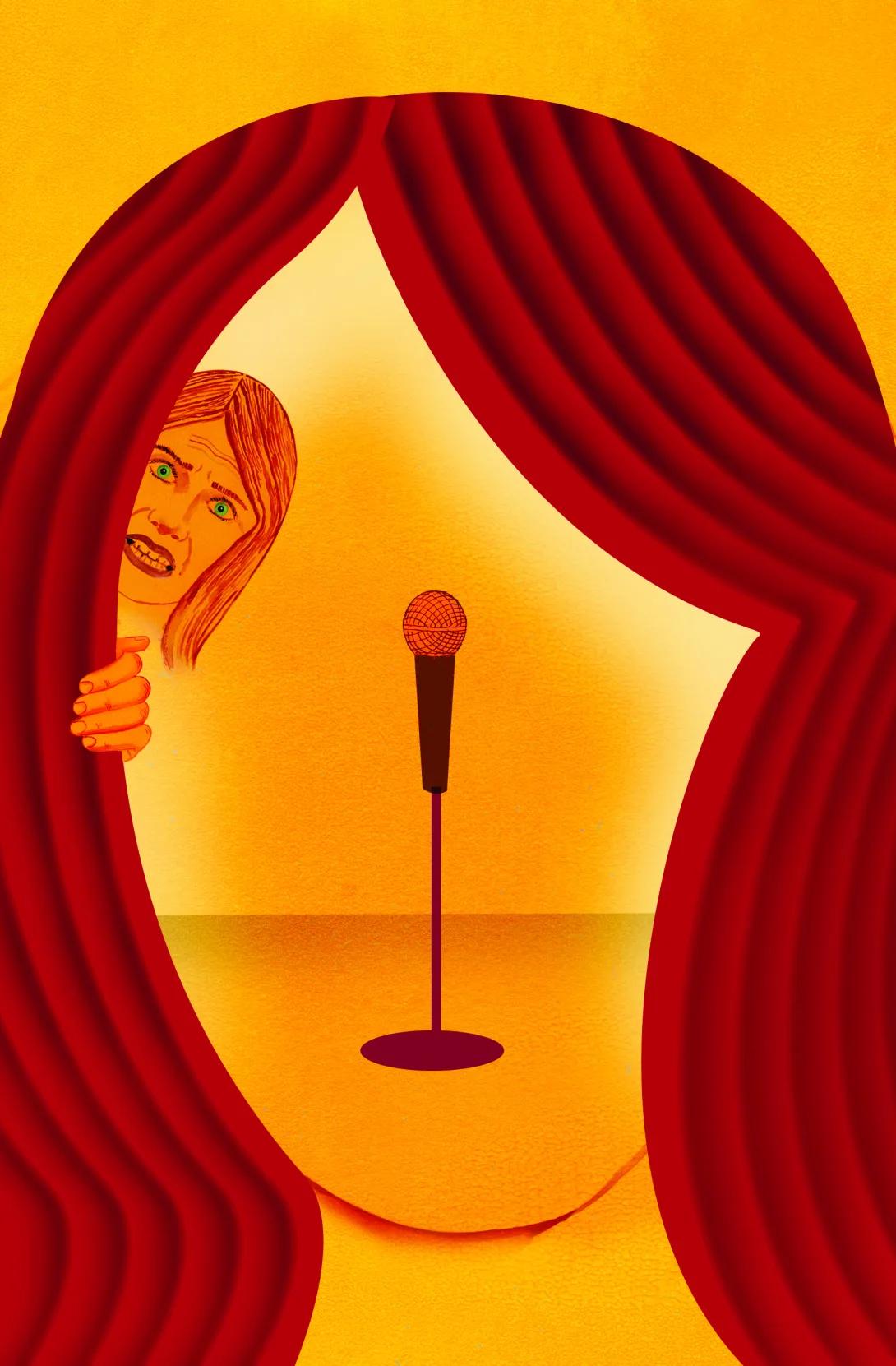 Illustration of a person's face where the hair is designed as a stage curtain. There's a microphone stand in the middle and a person with a nervous facial expression looking out from behind the curtains.