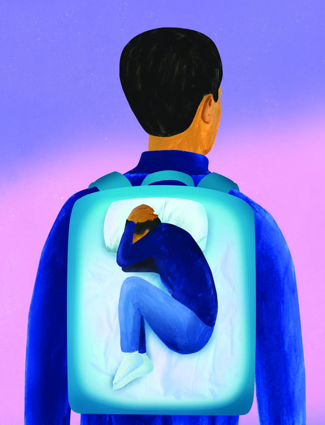 Illustration of a person wearing a backpack. The image inside the backpack is the same person curled up in bed with their hands on their head.