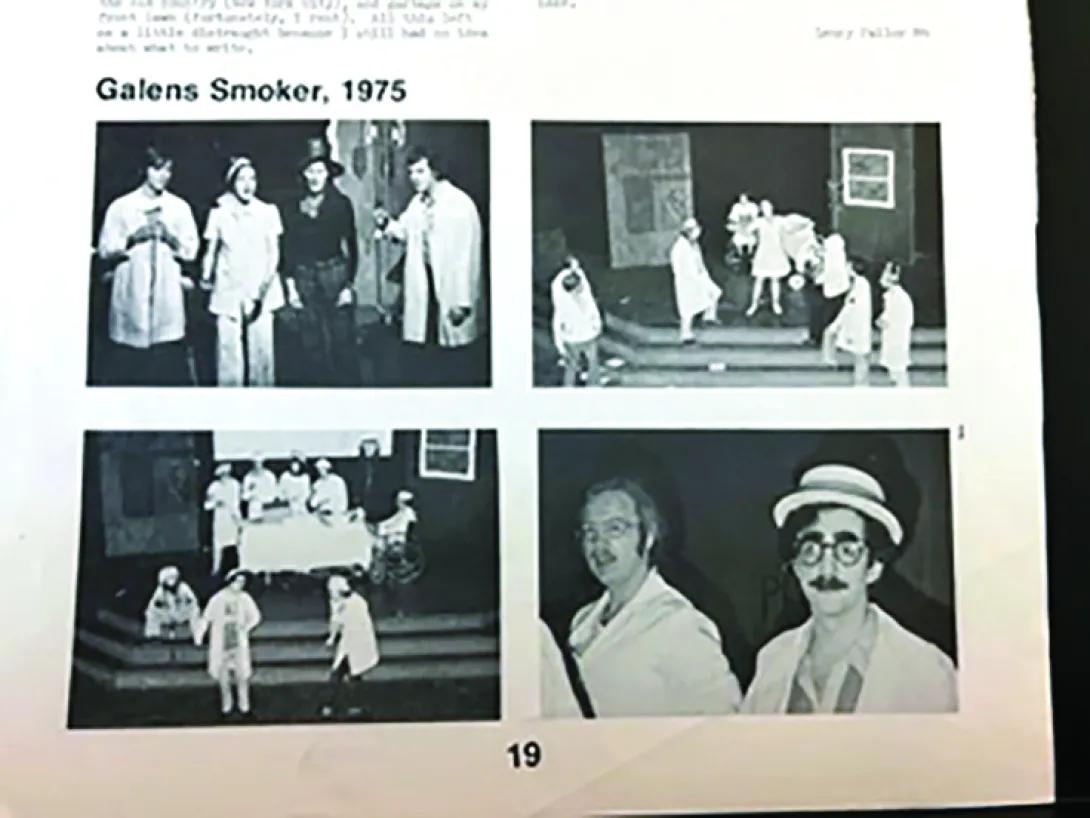 Photograph of a yearbook page showing four photos from the 1975 Galens Smoker. The photos depict students on stage in silly costumes performing their annual spoof show.