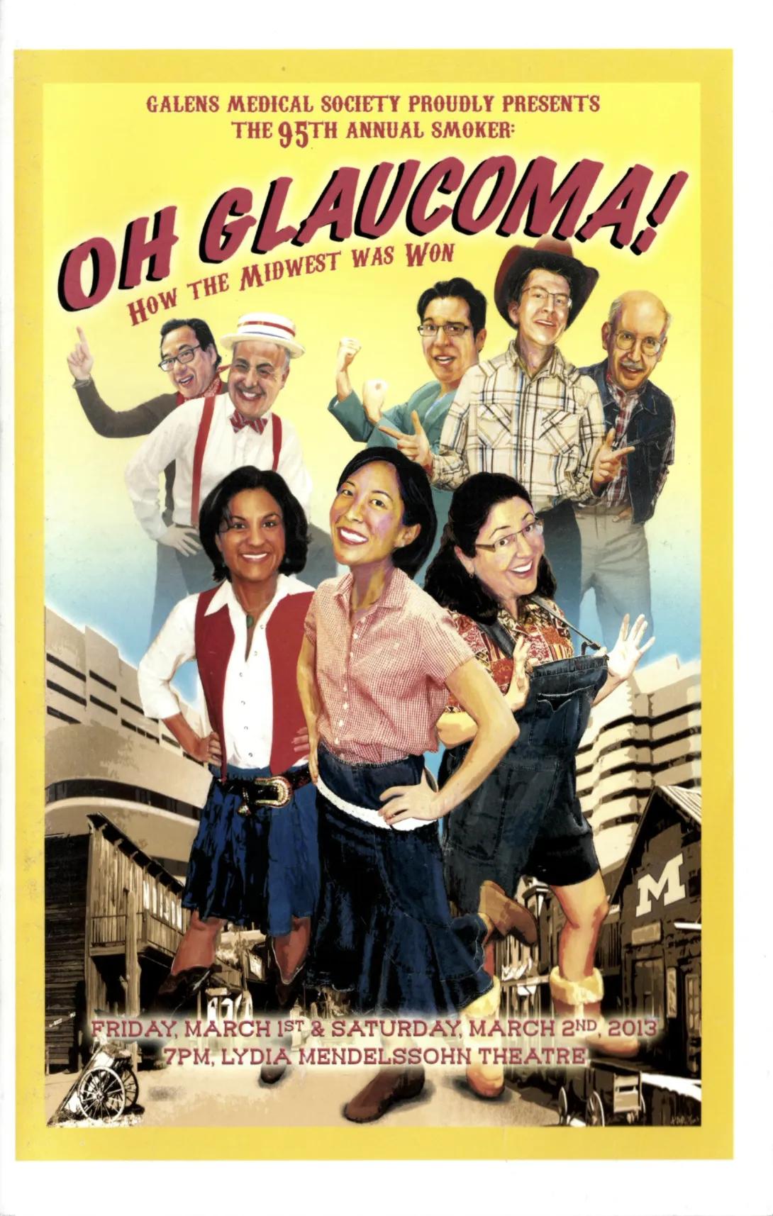 Playbill of a Galens Smoker show spoofing "Oklahoma!" This one says "Oh Glaucoma!" and features medical students posing in Western wear.