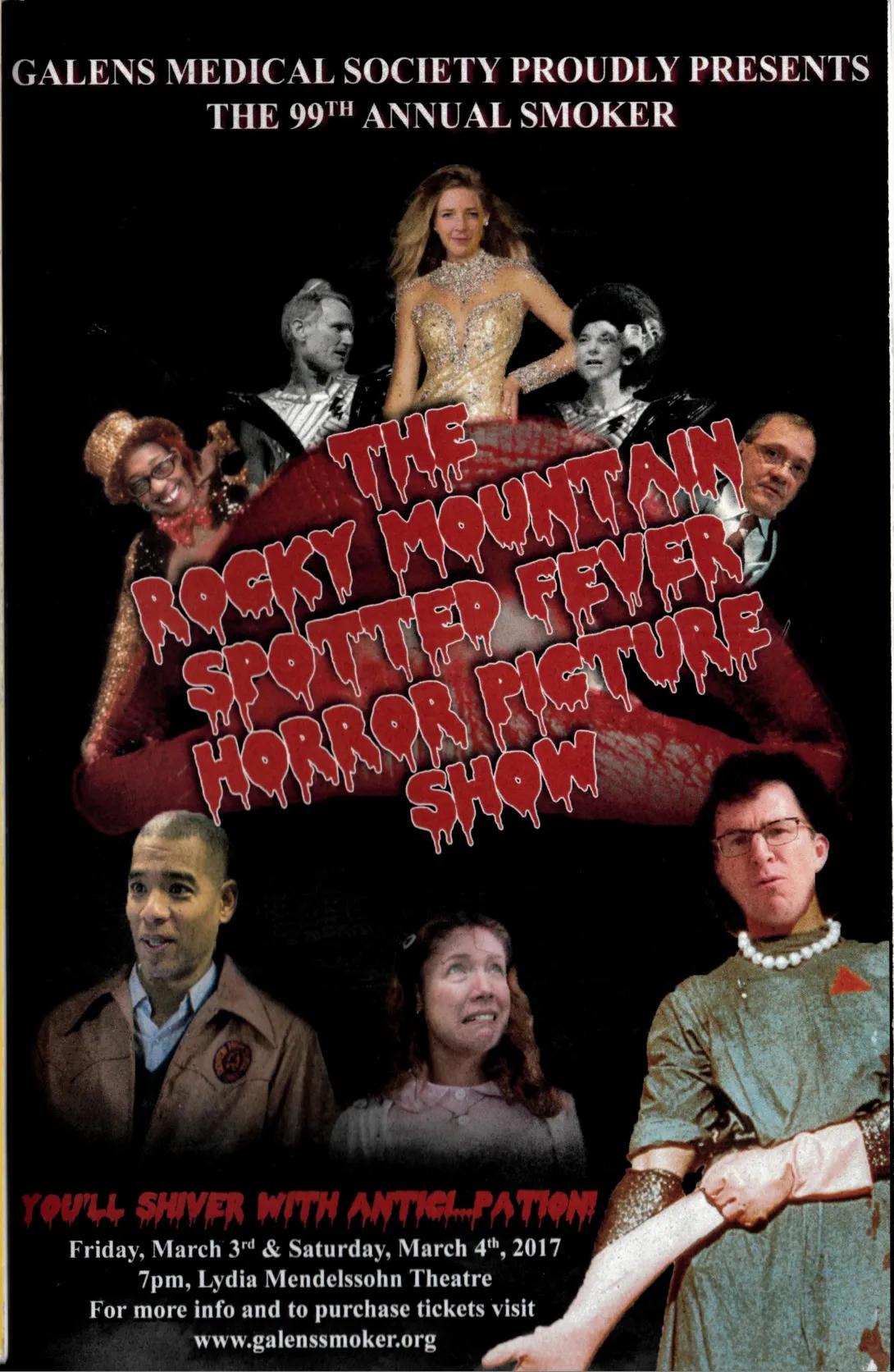 Playbill of a Galens Smoker show spoofing "The Rocky Horror Picture Show." This one says "The Rocky Mountain Spotted Fever Horror Picture Show" in cheesy red dripping letters you might see on a horror movie poster. Students are shown on the cover dressed in costume as characters from the original movie.