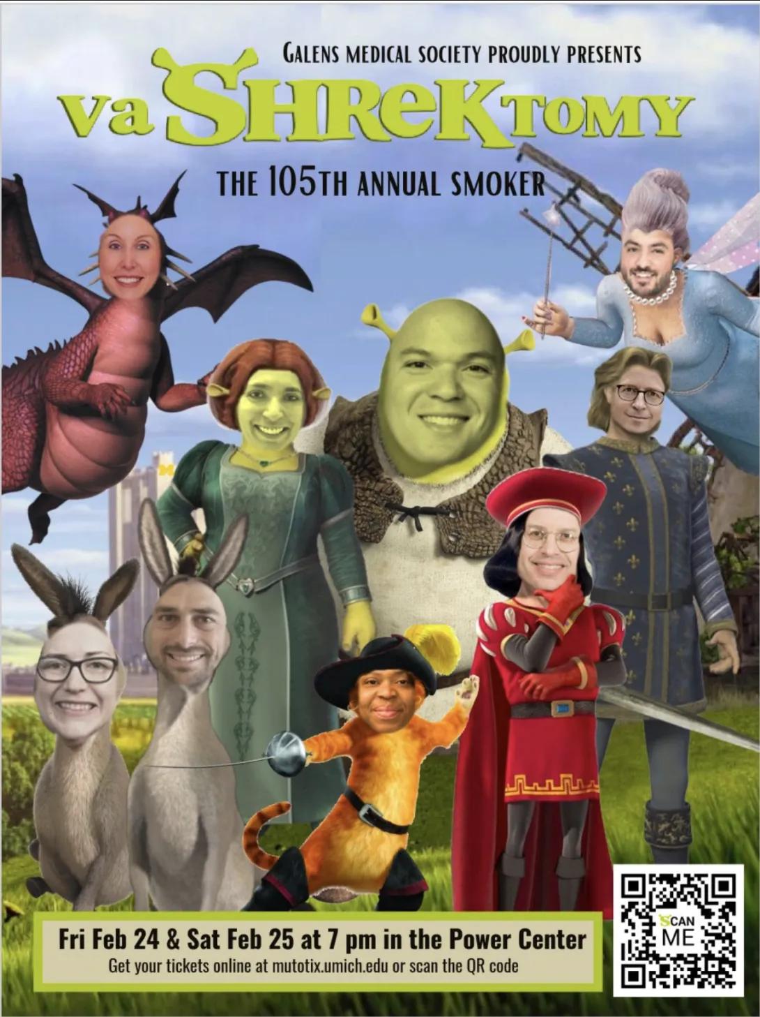 Playbill of a Galens Smoker show spoofing "Shrek." This one says "va-Shrek-tomy" (a la vasectomy) with images of students dressed in costume as the characters in Shrek, the animated film about an ogre who befriends a donkey and goes on a quest to save a princess.