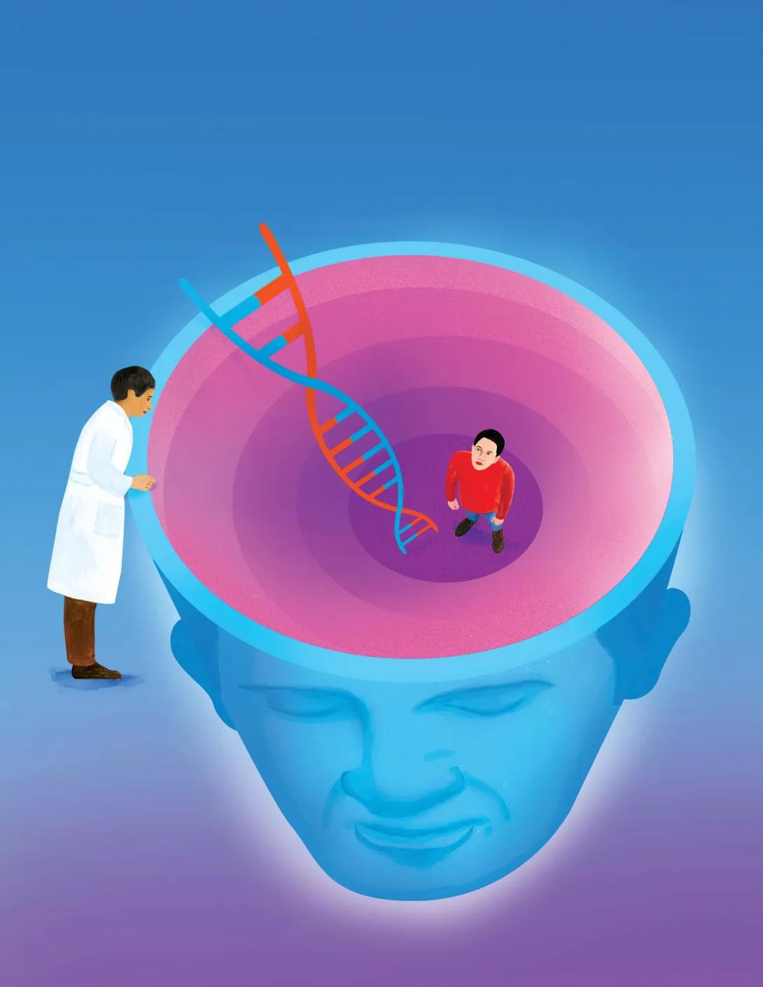 Illustration of  doctor looking into the top of a giant head. There's another person and a ladder made of DNA inside the head. 