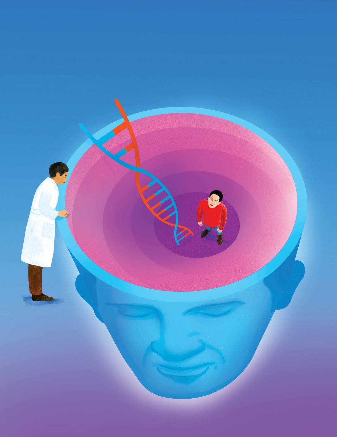 Illustration of  doctor looking into the top of a giant head. There's another person and a ladder made of DNA inside the head. 