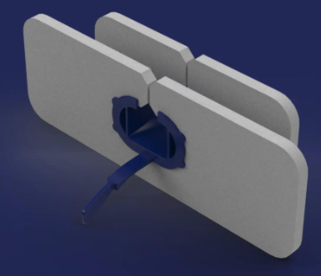 white shape with blue wire going through navy background