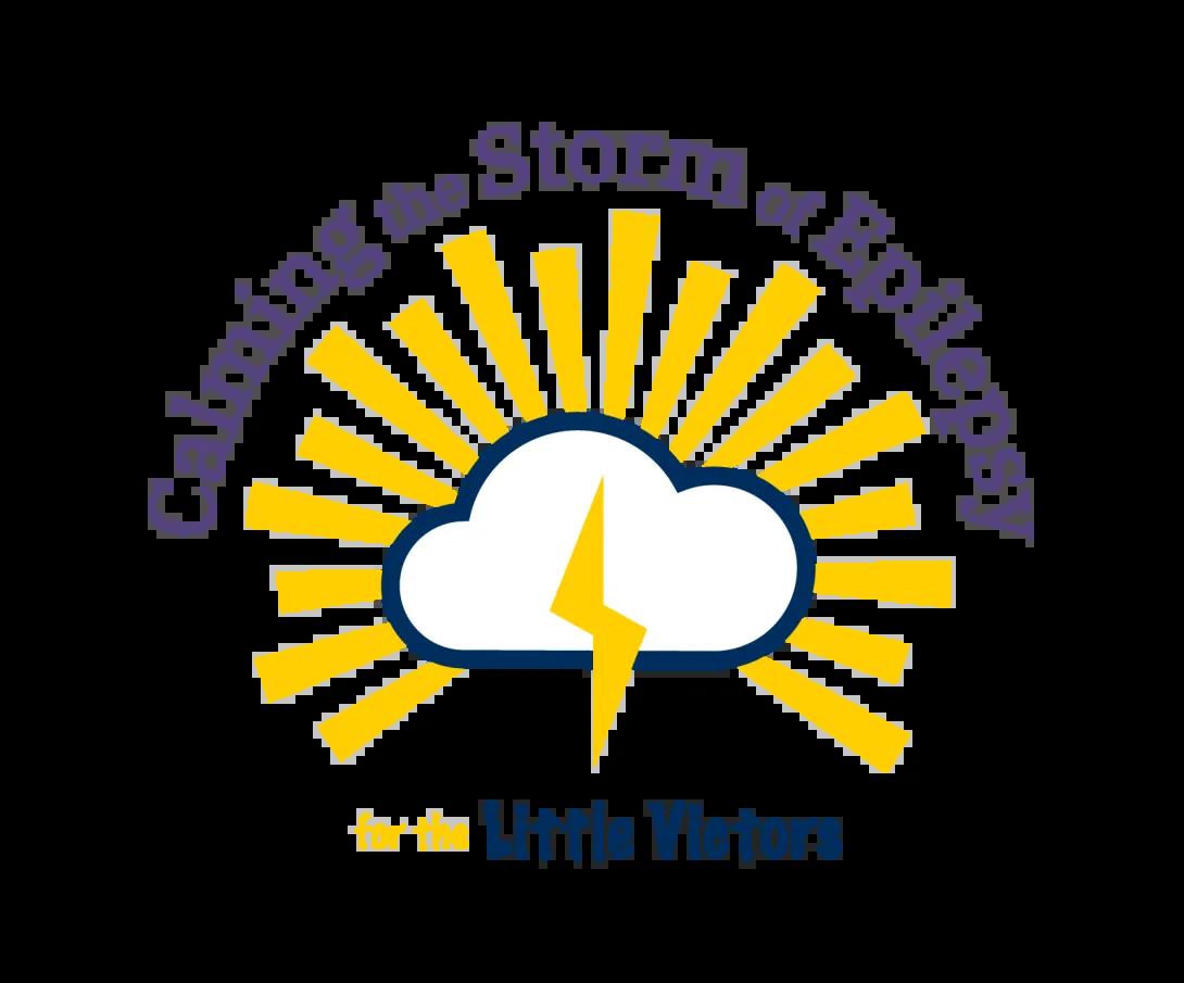 Logo showing a white cloud with a dark blue outline and a yellow lightning bolt through its center, set in front of stylized yellow sun rays. Above the cloud in an arc are the words "Calming the Storm of Epilepsy" in purple, and below the cloud it says "for the Little Victors" with "for the" in yellow and "Little Victors" in blue.