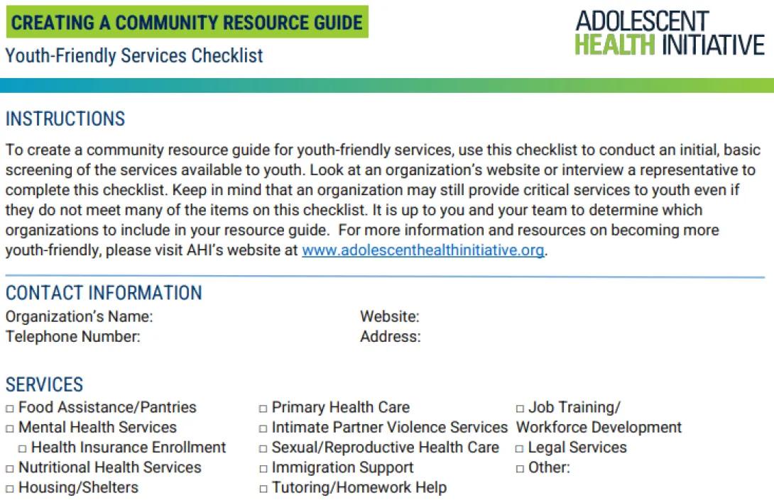 A preview of the youth-friendly services checklist.