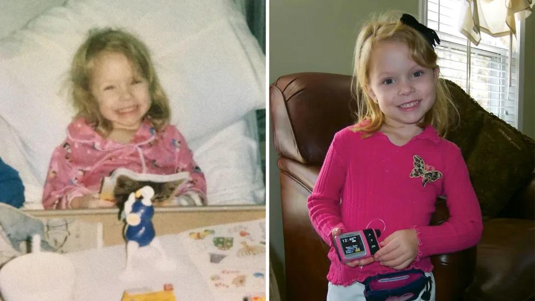 little girl in pink in hospital bed and on right in pink smiling 