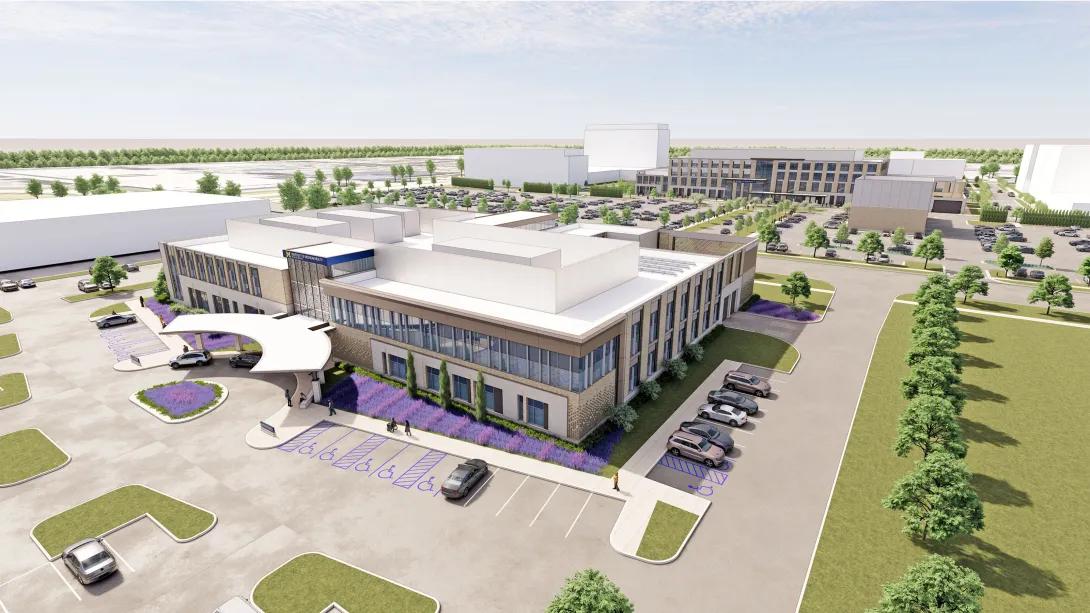 A aerial rendering of the upcoming outpatient center for the Samuel and Jean Frankel Cardiovascular Center and the Sidney and Madeline Forbes Advanced Imaging Center