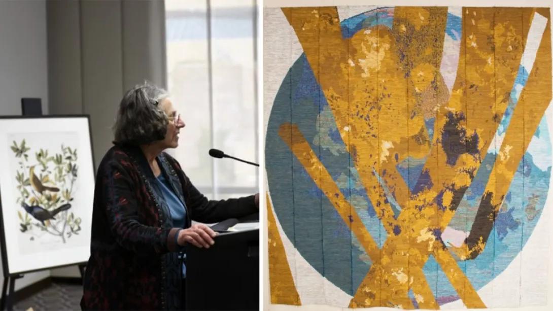 woman painting and close up of painting on right with gold and blue 