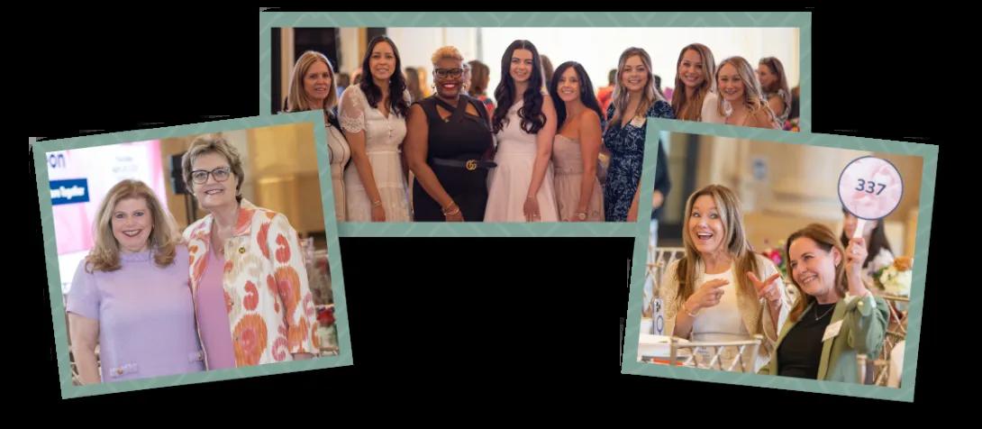 Collage of three Women's Health Luncheon photos - one large group shot in the center and two featuring two people each - including U-M faculty and luncheon guests. They are smiling, wearing spring party attire, and the photos show a festive atmosphere.