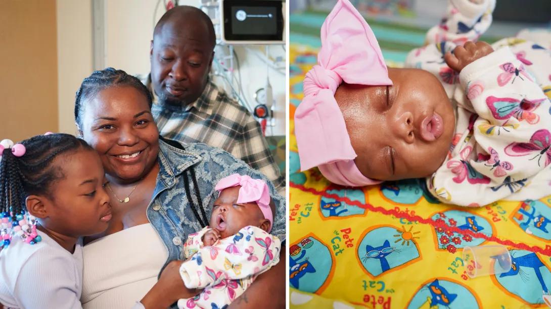 family with small baby and a side photo of small baby on right with pink bow