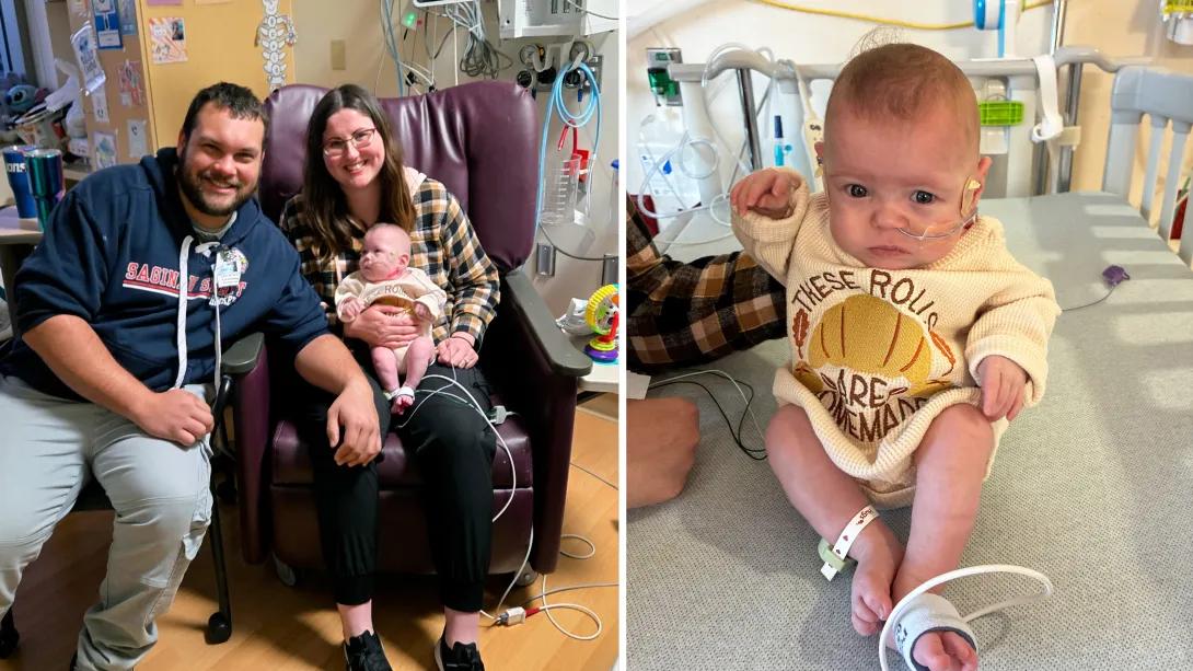 family sitting in chair with small baby and on right photo close up of baby with pumpkin onsie
