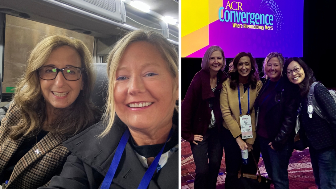 two woman smiling close up selfie on left and then four on right smiling in front of large screen presentation