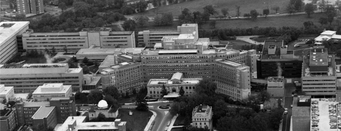 Old Main surrounded by Medical School buildings 1970s