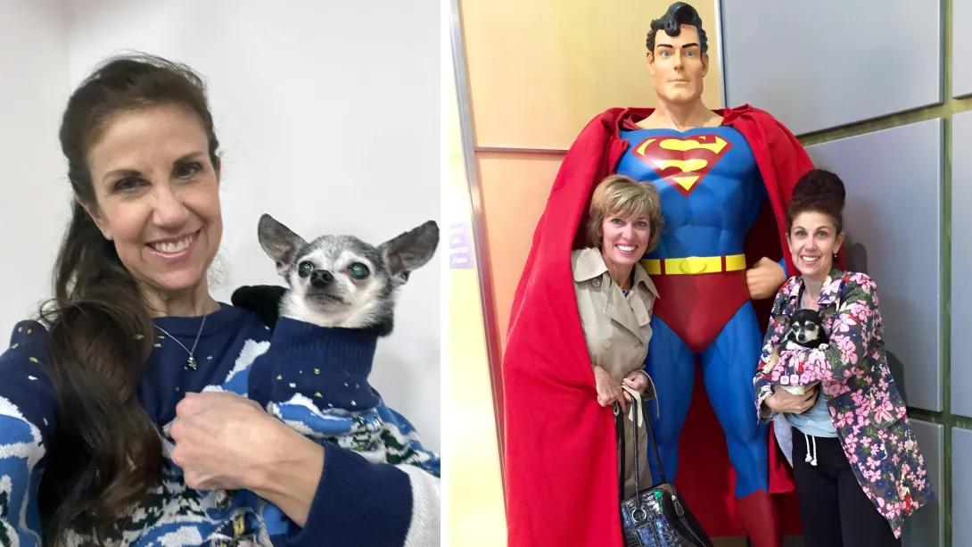 woman smiling with dog and on right is superman statue and sisters smiling with dog