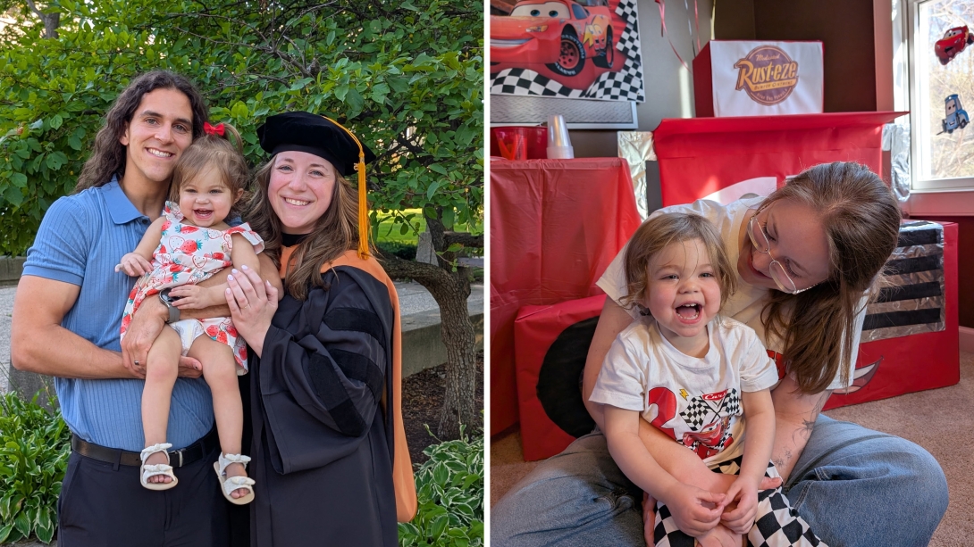 family holding daughter left and mom with daughter on right laughing