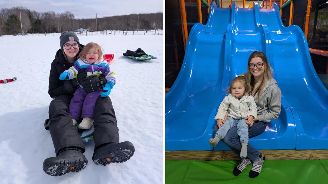 mom with daughter on snow and on right on slide