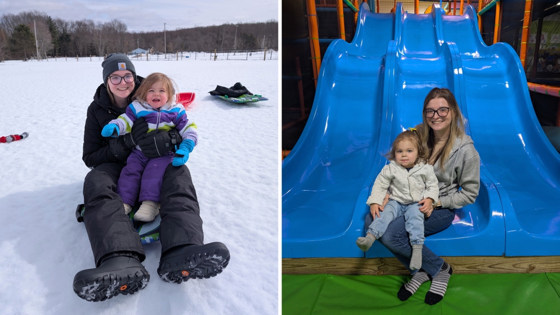 mom with daughter on snow and on right on slide