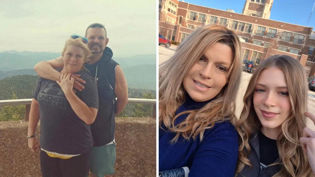 woman with her husband left and then daughter and her selfie on right