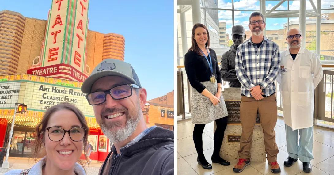 a man and a woman stand in front of the state theater in Ann Arbor on the left. On the right, a man stands with two doctors at the Frankel Cardiovascular Center.