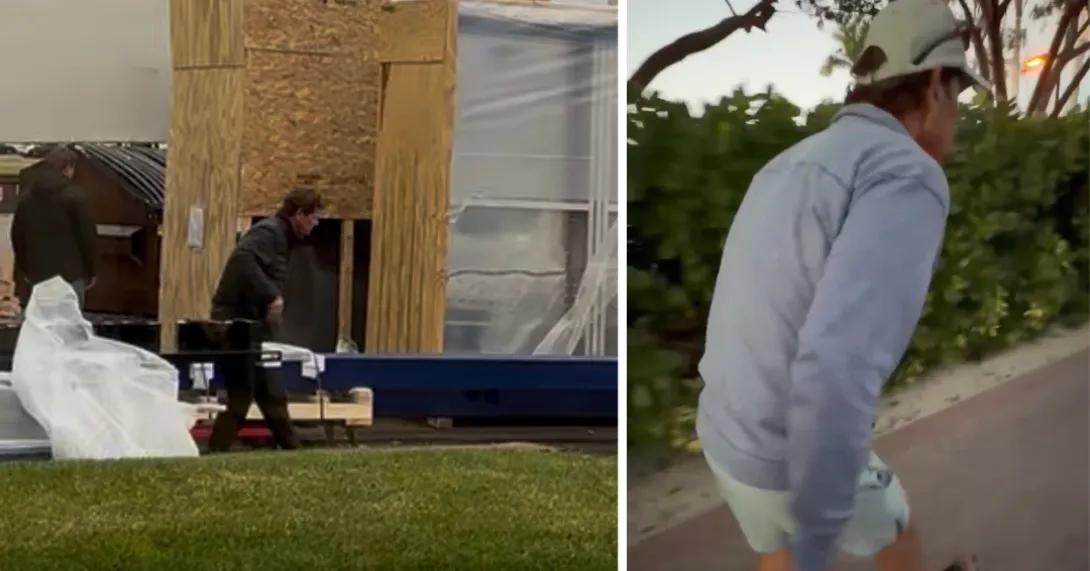 The image is divided into two sections. On the left, a construction scene shows a person working near a partially built structure, with wood panels and plastic sheeting visible. On the right, a person wearing casual clothes, including a cap and shorts, skateboards on a paved path lined with greenery.